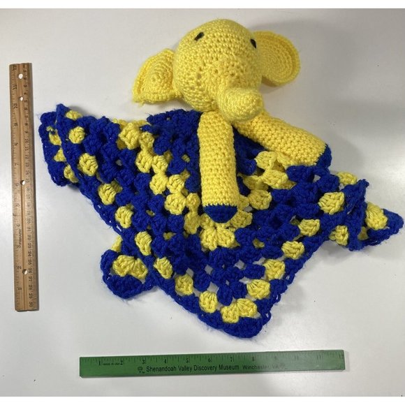 Vtg Handmade Crochet Elephant Lovey Security Blanket Baby Child Toy Blue Yellow - Picture 5 of 9
